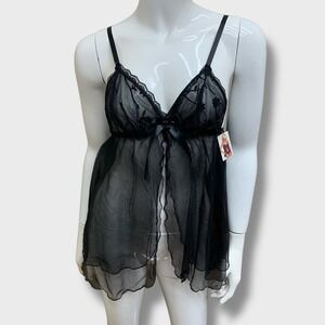 Babydoll Slip‎ Dress Black Sheer Ribbon Open Front Sz OS S Strappy